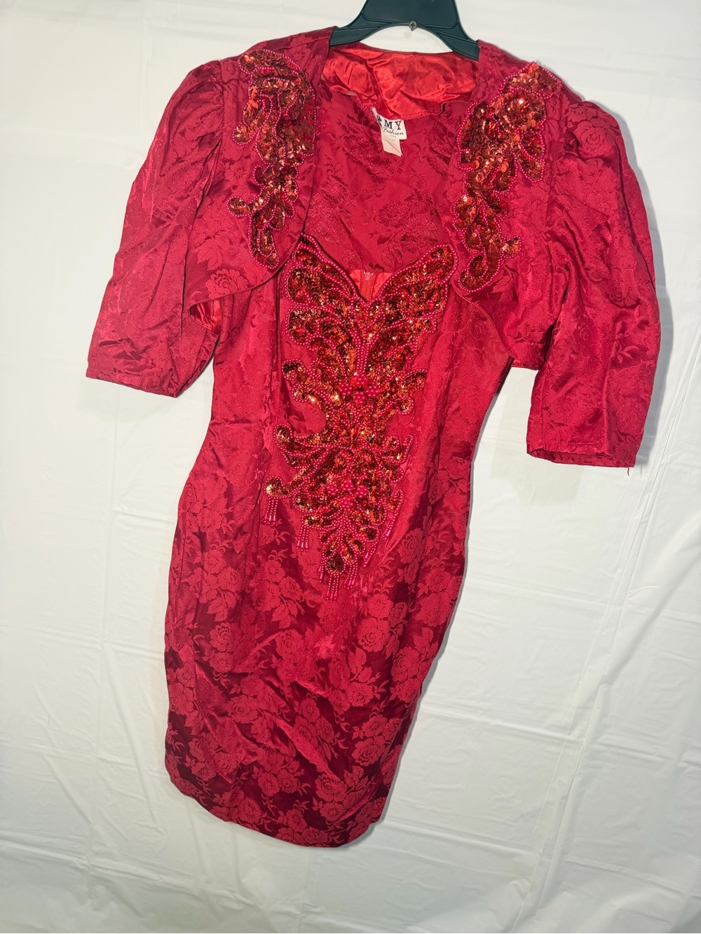 Vintage Beaded Red Mini Dress with Puff Sleeves